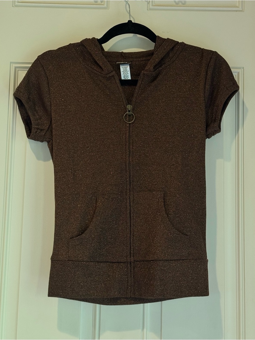 Girls' Sparkle Short-Sleeve Hoodie Zip Front Top - Brown